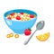 Tasty cornflakes in blue bowl with spoon and strawberry and orange.