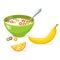 Tasty cornflakes in green bowl with spoon and banana and orange.