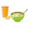 Tasty cornflakes in green bowl with spoon and orange and orange juice.