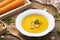 Tasty creamy Carrot Soup with croutons in a bowl