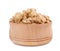 Tasty crispy granola in wooden bowl isolated