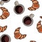 Tasty croissant and coffee cups breakfast doodles seamless border pattern. Cute cartoon brunch pastry repeatable background tile.