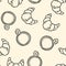 Tasty croissant and coffee cups breakfast doodles seamless border pattern. Cute cartoon brunch pastry repeatable background tile.
