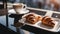 Tasty croissant. Fresh croissant on a cafe table. Selective focus. AI generated