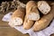 Tasty Crusty Baguettes on Wooden Background Tasty Homemade Bread Horizontal Above