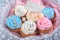 Tasty cupcakes in box, closeup. Mother\'s Day celebration