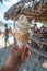 tasty delicious ice cream on beach bar at summer time