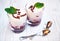 Tasty dessert with bilberry cream and creamy mousse decorated wi