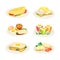 Tasty Dishes with Eggs Served on Plate as Savory Breakfast Meal Vector Set