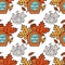 Tasty Doodle Maple Syrup And Leaves Seamless Pattern