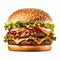 Tasty double beef burger isolated on transparent white background. Big fresh juicy cheeseburger for menu