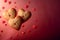 Tasty festive heart shaped pink sugar cookies for Valentine\\\'s Day on red background