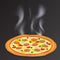 Tasty, flavorful pizza, Delicious italian pizza, Tasty pizza with vegetables, chicken and olives. Flat 3d vector