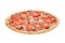 Tasty, flavorful pizza with tomatoes, cheese, onions and sausage isolated on white background