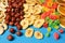 Tasty food concept - delicious dried fruits, tasty dried food