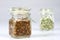 Tasty fragrant spices in jars. Pantry with spices. White background,
