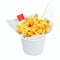 Tasty french fries in white cup with cheese sauce isolated on white background. Deep fry potato or appetizer. Clipping path