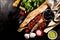 Tasty fresh appetizing italian food ingredients on dark background. Ready to cook. Home Italian Healthy Food Cooking Concept. Cop