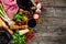 Tasty fresh appetizing italian food ingredients on old rustic wooden background. Ready to cook. Home Italian Healthy Food Cooking