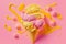 Tasty fresh fruity ice cream in ice cream cone on pink vibrant background. Flat Lay. Minimalism Concept. Generative AI