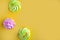 Tasty fresh meringues on yellow background, top view, banner