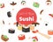 Tasty and fresh sushi banner, poster vector illustration. Japanese cuisine in cartoon style. Asian food wirh rice