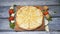 Tasty freshly baked pizza on wooden tray. Frame. Juicy appetizing pizza on wooden tray professionally-baked pizza ready