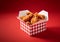 Tasty fried chicken in classic takeaway paper box on red backgrpund.Macro.AI Generative