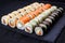 Tasty great colorful set of fresh japanese sushi maki rolls with