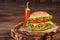 Tasty grilled homemade burger with beef, tomato, cheese, cucumber and lettuce