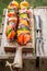 Tasty grilled skewers made of meat and vegetables
