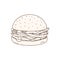 Tasty hamburger hand drawn with contour lines on white background. Drawing of juicy burger or sandwich with meat patty