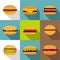 Tasty hamburger icons set, flat style