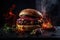 Tasty hamburger on a table with fire on a dark background, ai generative illustration