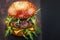 Tasty handmade burger showcased attractively on dark backdrop banner