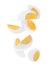 Tasty hard boiled eggs falling on white background