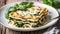 Tasty healthy portion of vegetarian spinach lasagne with tofu and pesto