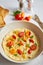 Tasty homemade classic omelet with cherry tomatoes