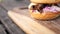 Tasty Homemade Healthy Mushroom Vegan Burger on Wooden Cutting Board. 4K.