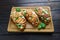 Tasty homemade Italian antipasti bruschettas with grilled chicke