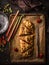 Tasty homemade rhubarb and strawberries strudel pastry pie on dark rustic kitchen table, top view. Seasonal baking. Organic food.