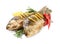 Tasty homemade roasted crucian carps with rosemary, lemon and chili peppers on white background. River fish