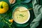 Tasty homemade zucchini and potato cream soup with herbs