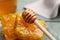 Tasty honey combs and wooden dipper on table