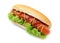 Tasty hot dog with lettuce and sauces on white background