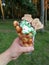 Tasty ice cream with bubble waffle, creame and decorations