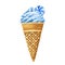 Tasty ice creams. Sweet summer dessert, gelato, ice-cream cone and popsicle in blue color with glossy candy, spiral