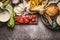 Tasty ingredients for chicken burger on rustic background , top view