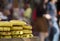 tasty Jewish street baked goods on a tray on a blurred background of people