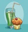Tasty juice and muffin with cherry food healthy